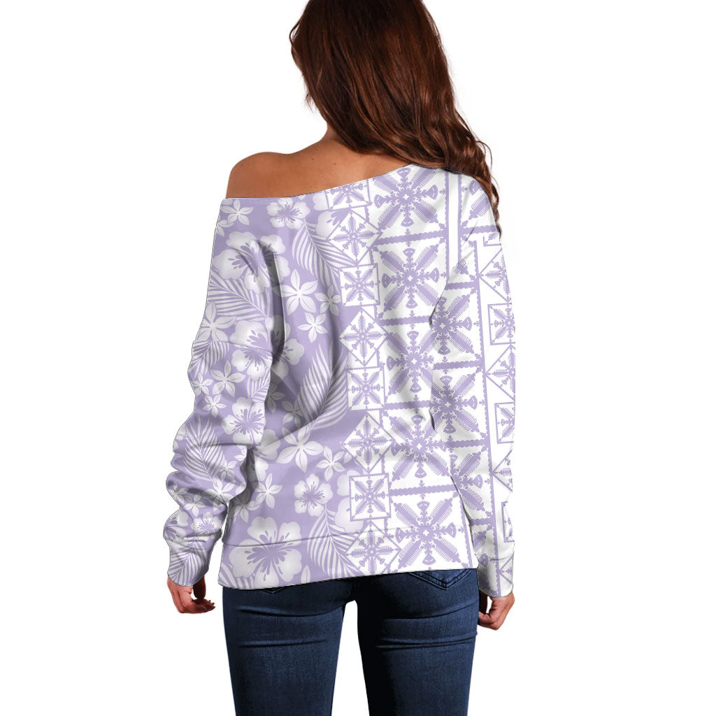 Pastel Purple Kahili Quilt Hawaii Off Shoulder Sweater Tropical Flower Seamless Half Style