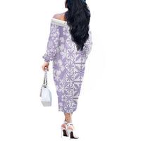 Pastel Purple Kahili Quilt Hawaii Off The Shoulder Long Sleeve Dress Tropical Flower Seamless Half Style