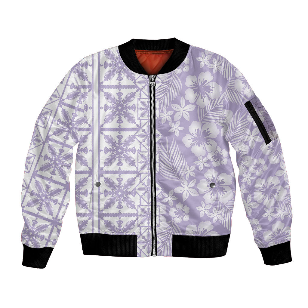 Pastel Purple Kahili Quilt Hawaii Sleeve Zip Bomber Jacket Tropical Flower Seamless Half Style