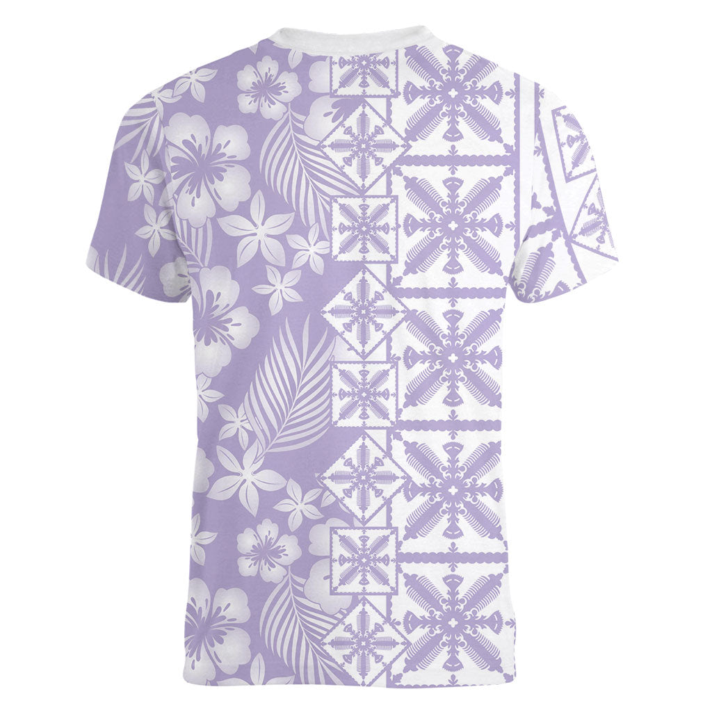 Pastel Purple Kahili Quilt Hawaii Women V-Neck T-Shirt Tropical Flower Seamless Half Style