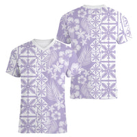 Pastel Purple Kahili Quilt Hawaii Women V-Neck T-Shirt Tropical Flower Seamless Half Style