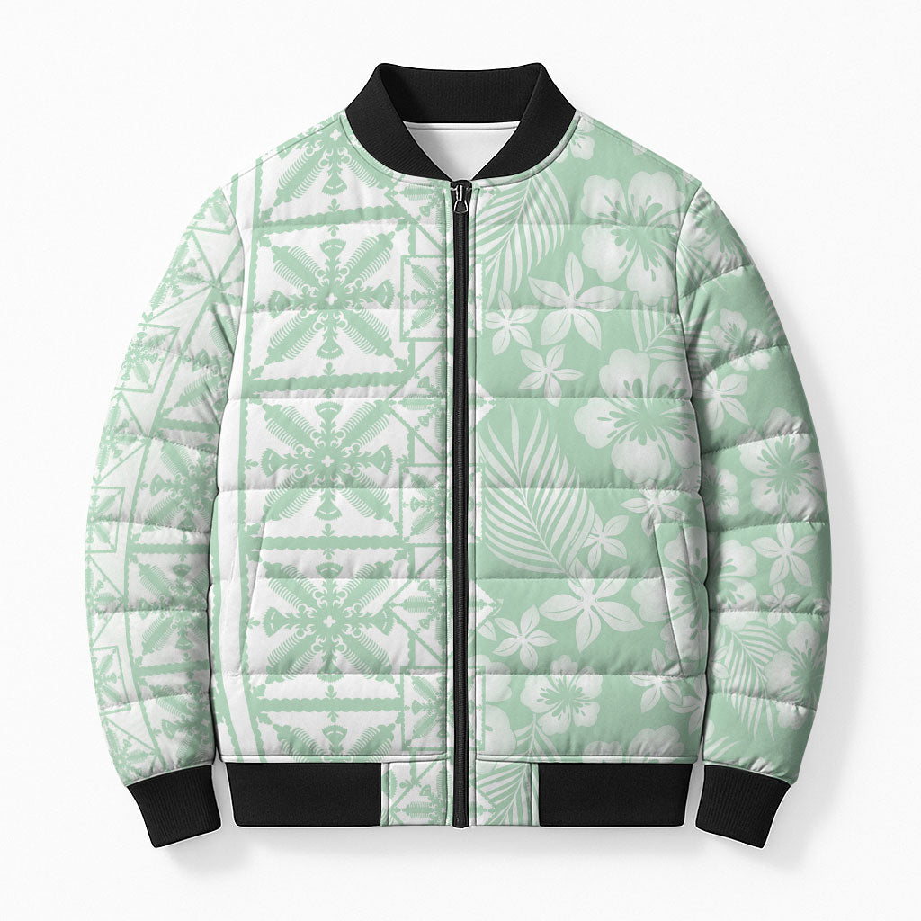Pastel Green Kahili Quilt Hawaii Bomber Puffer Jacket Tropical Flower Seamless Half Style