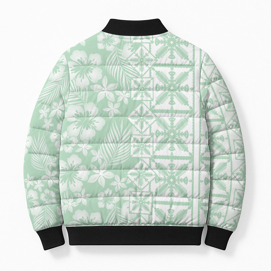 Pastel Green Kahili Quilt Hawaii Bomber Puffer Jacket Tropical Flower Seamless Half Style