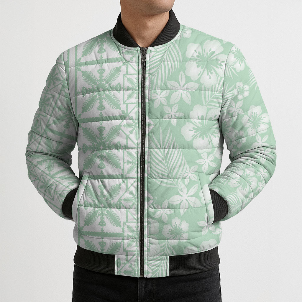 Pastel Green Kahili Quilt Hawaii Bomber Puffer Jacket Tropical Flower Seamless Half Style
