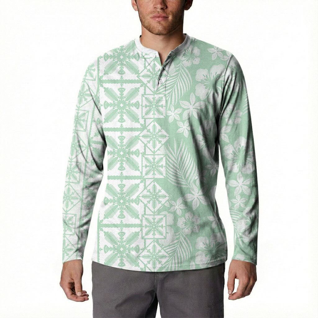 Pastel Green Kahili Quilt Hawaii Button Sweatshirt Tropical Flower Seamless Half Style