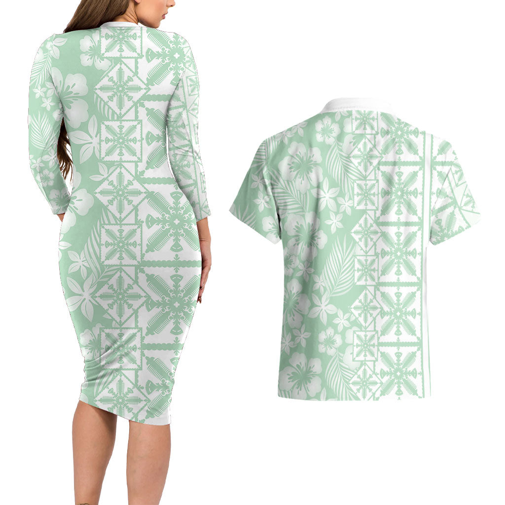 Pastel Green Kahili Quilt Hawaii Couples Matching Long Sleeve Bodycon Dress and Hawaiian Shirt Tropical Flower Seamless Half Style