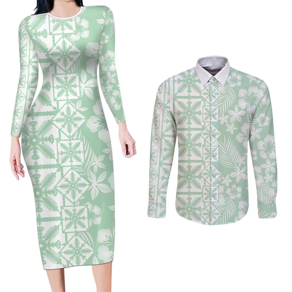 Pastel Green Kahili Quilt Hawaii Couples Matching Long Sleeve Bodycon Dress and Long Sleeve Button Shirt Tropical Flower Seamless Half Style