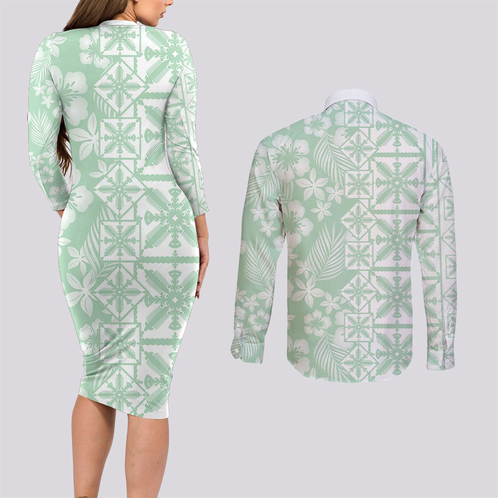 Pastel Green Kahili Quilt Hawaii Couples Matching Long Sleeve Bodycon Dress and Long Sleeve Button Shirt Tropical Flower Seamless Half Style