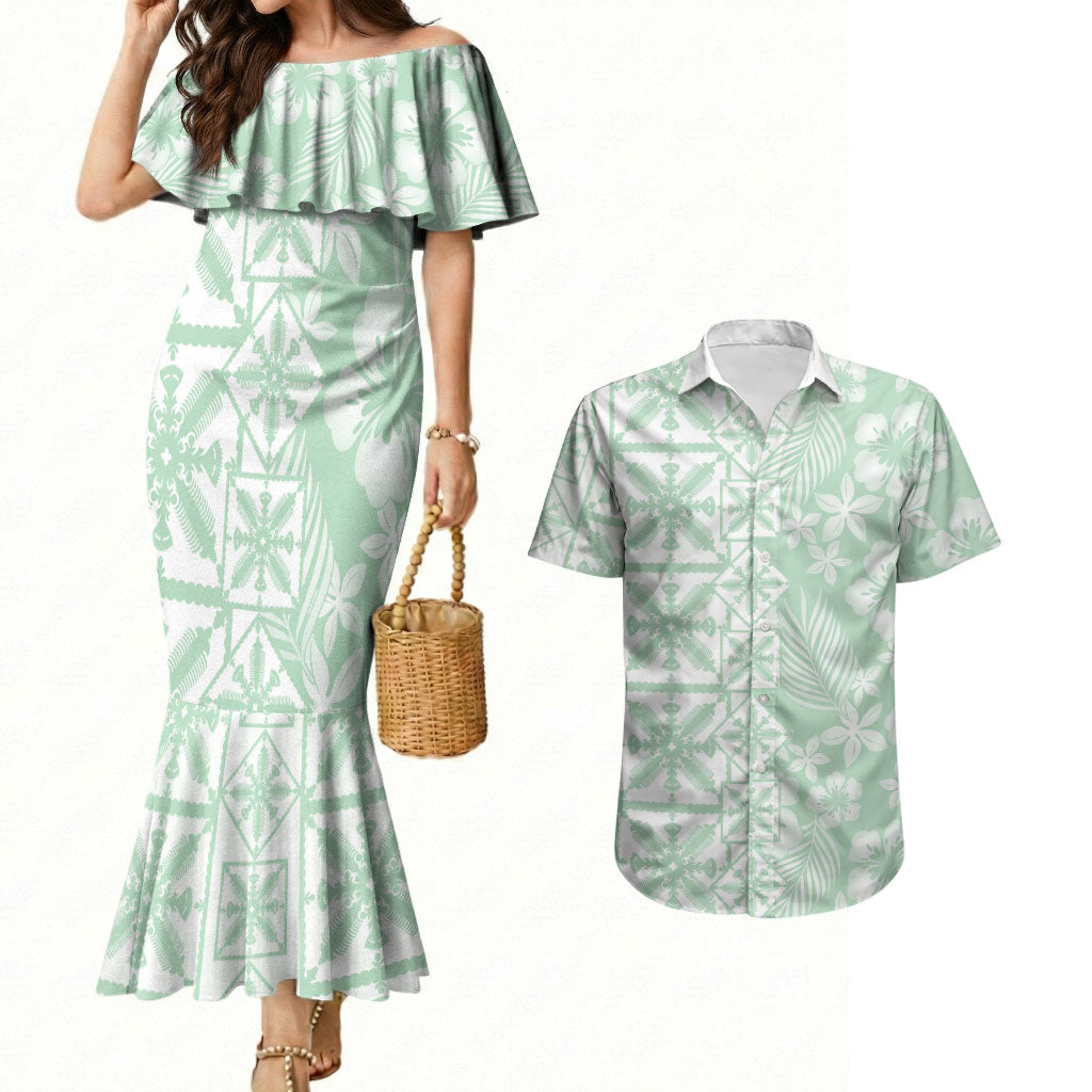 Pastel Green Kahili Quilt Hawaii Couples Matching Mermaid Dress and Hawaiian Shirt Tropical Flower Seamless Half Style LT14 Green - Polynesian Pride