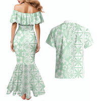 Pastel Green Kahili Quilt Hawaii Couples Matching Mermaid Dress and Hawaiian Shirt Tropical Flower Seamless Half Style