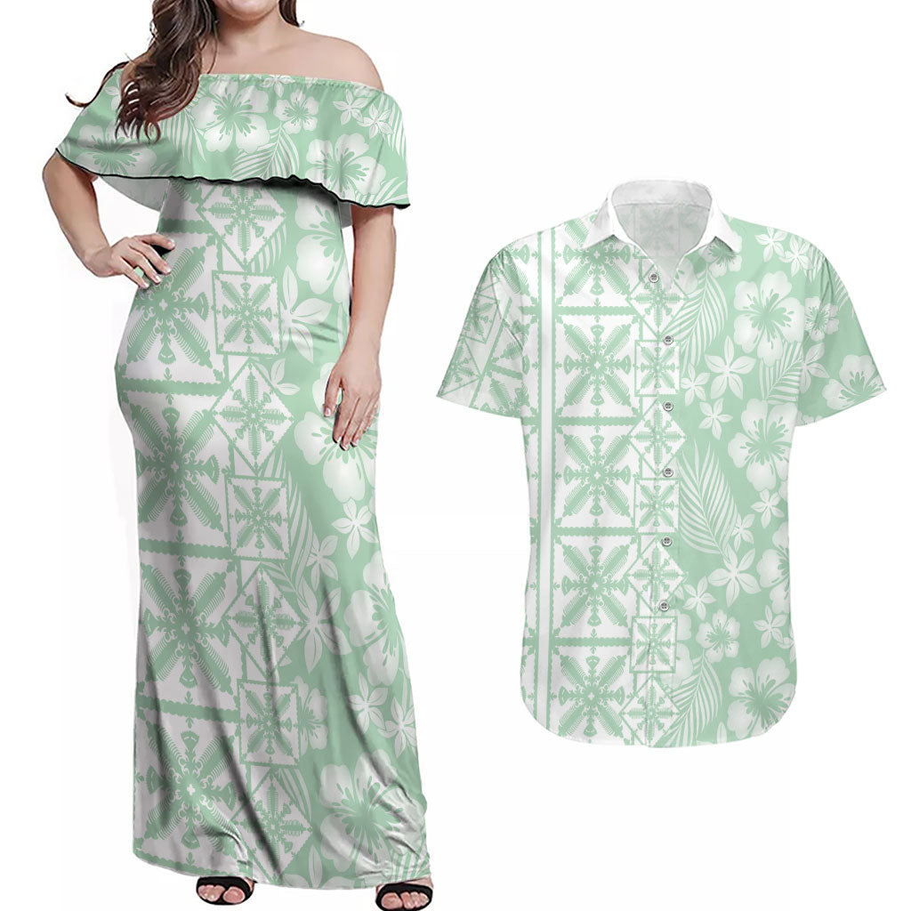 Pastel Green Kahili Quilt Hawaii Couples Matching Off Shoulder Maxi Dress and Hawaiian Shirt Tropical Flower Seamless Half Style