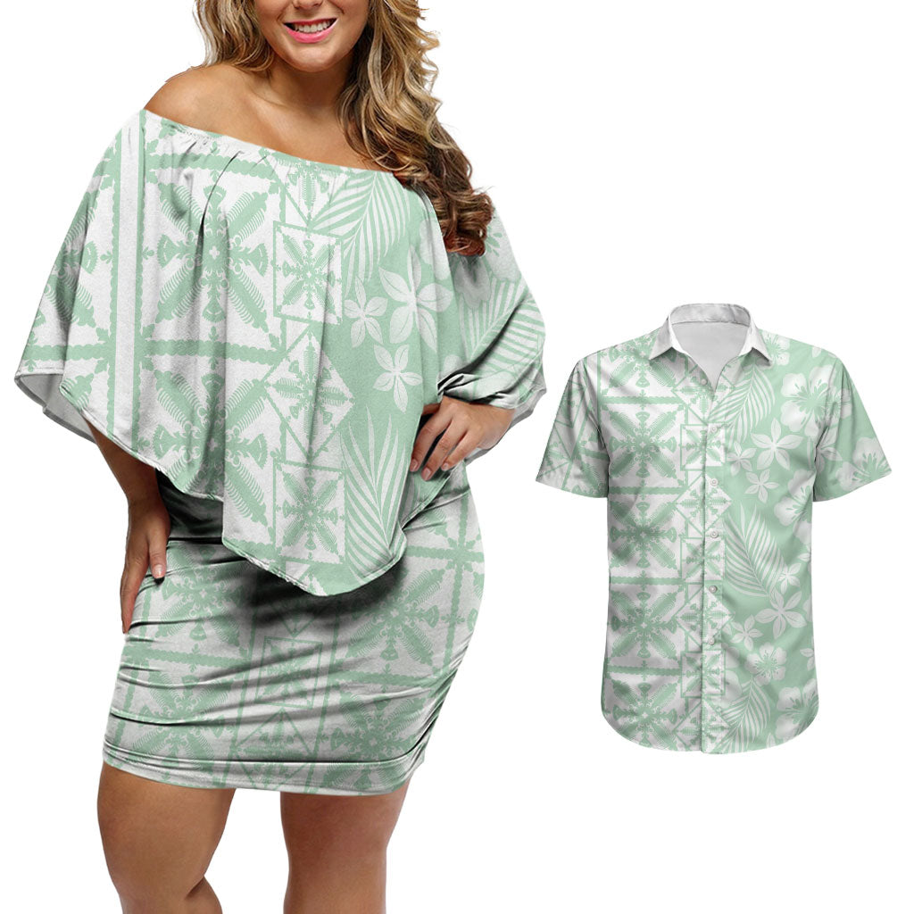 Pastel Green Kahili Quilt Hawaii Couples Matching Off Shoulder Short Dress and Hawaiian Shirt Tropical Flower Seamless Half Style LT14 Green - Polynesian Pride