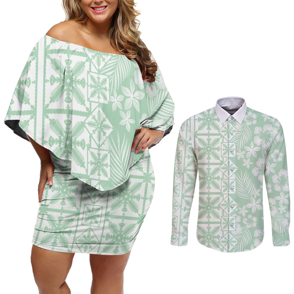 Pastel Green Kahili Quilt Hawaii Couples Matching Off Shoulder Short Dress and Long Sleeve Button Shirt Tropical Flower Seamless Half Style