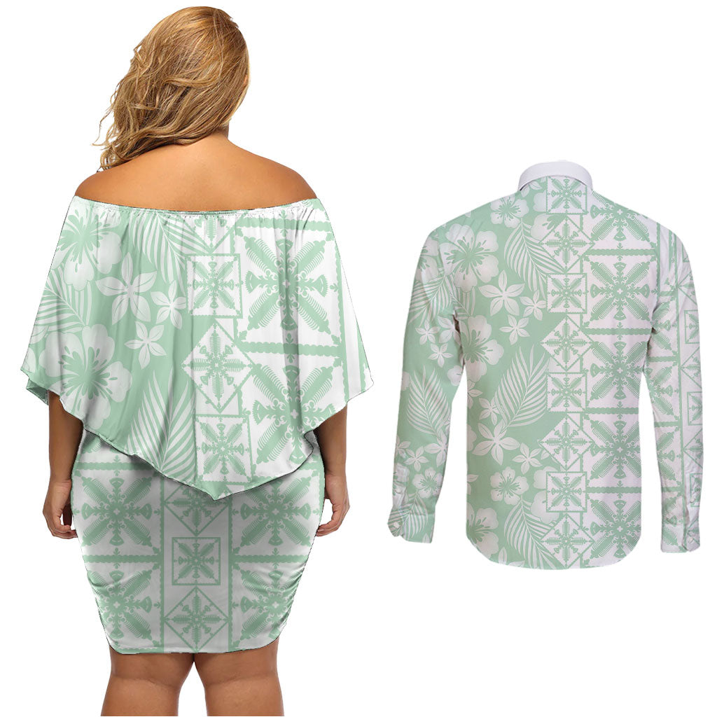 Pastel Green Kahili Quilt Hawaii Couples Matching Off Shoulder Short Dress and Long Sleeve Button Shirt Tropical Flower Seamless Half Style