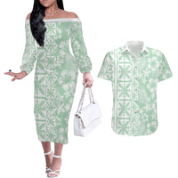 Pastel Green Kahili Quilt Hawaii Couples Matching Off The Shoulder Long Sleeve Dress and Hawaiian Shirt Tropical Flower Seamless Half Style