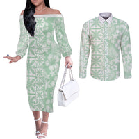 Pastel Green Kahili Quilt Hawaii Couples Matching Off The Shoulder Long Sleeve Dress and Long Sleeve Button Shirt Tropical Flower Seamless Half Style