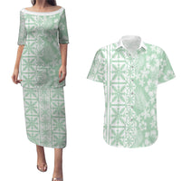 Pastel Green Kahili Quilt Hawaii Couples Matching Puletasi and Hawaiian Shirt Tropical Flower Seamless Half Style