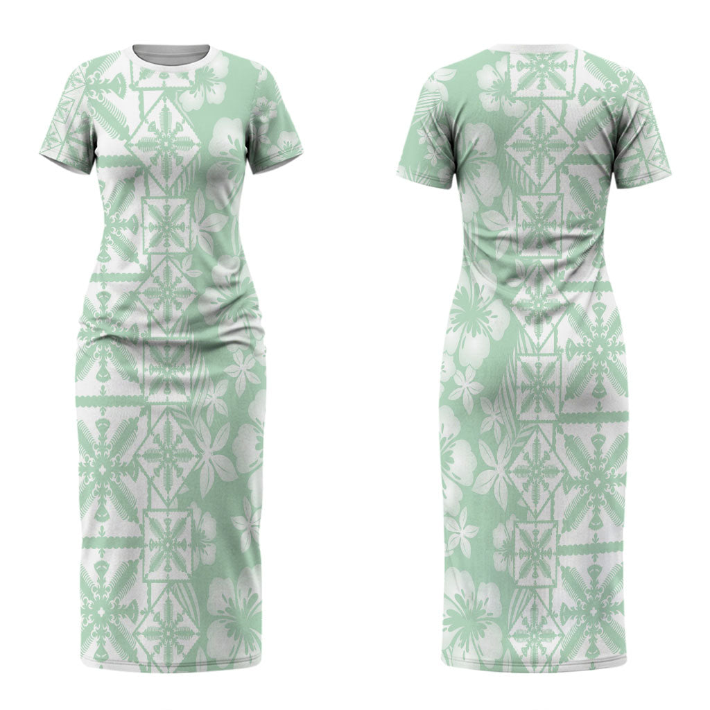 Pastel Green Kahili Quilt Hawaii Couples Matching Short Sleeve Bodycon Dress and Hawaiian Shirt Tropical Flower Seamless Half Style LT14 - Polynesian Pride