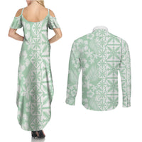 Pastel Green Kahili Quilt Hawaii Couples Matching Summer Maxi Dress and Long Sleeve Button Shirt Tropical Flower Seamless Half Style