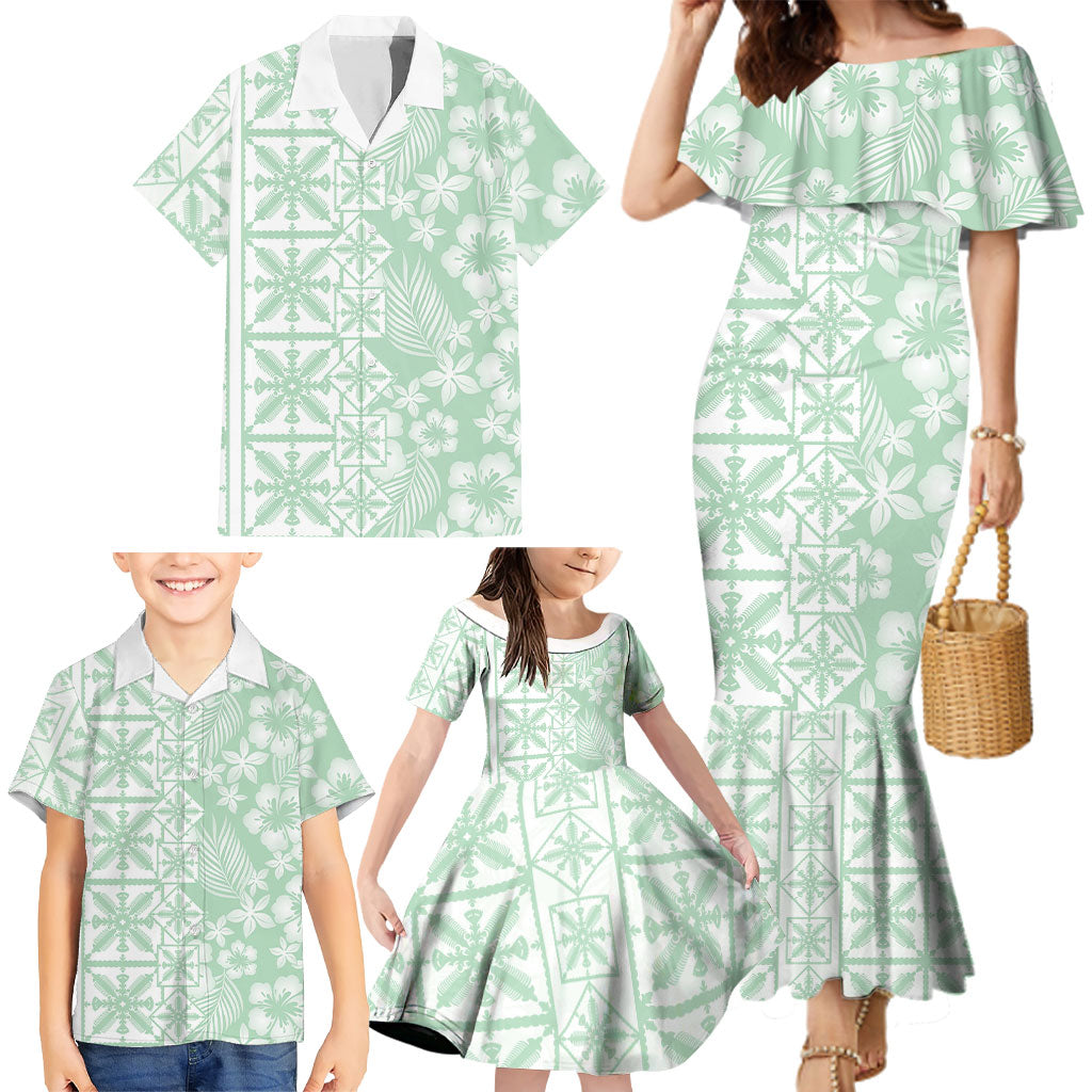 Pastel Green Kahili Quilt Hawaii Family Matching Mermaid Dress and Hawaiian Shirt Tropical Flower Seamless Half Style