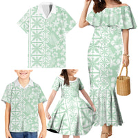 Pastel Green Kahili Quilt Hawaii Family Matching Mermaid Dress and Hawaiian Shirt Tropical Flower Seamless Half Style