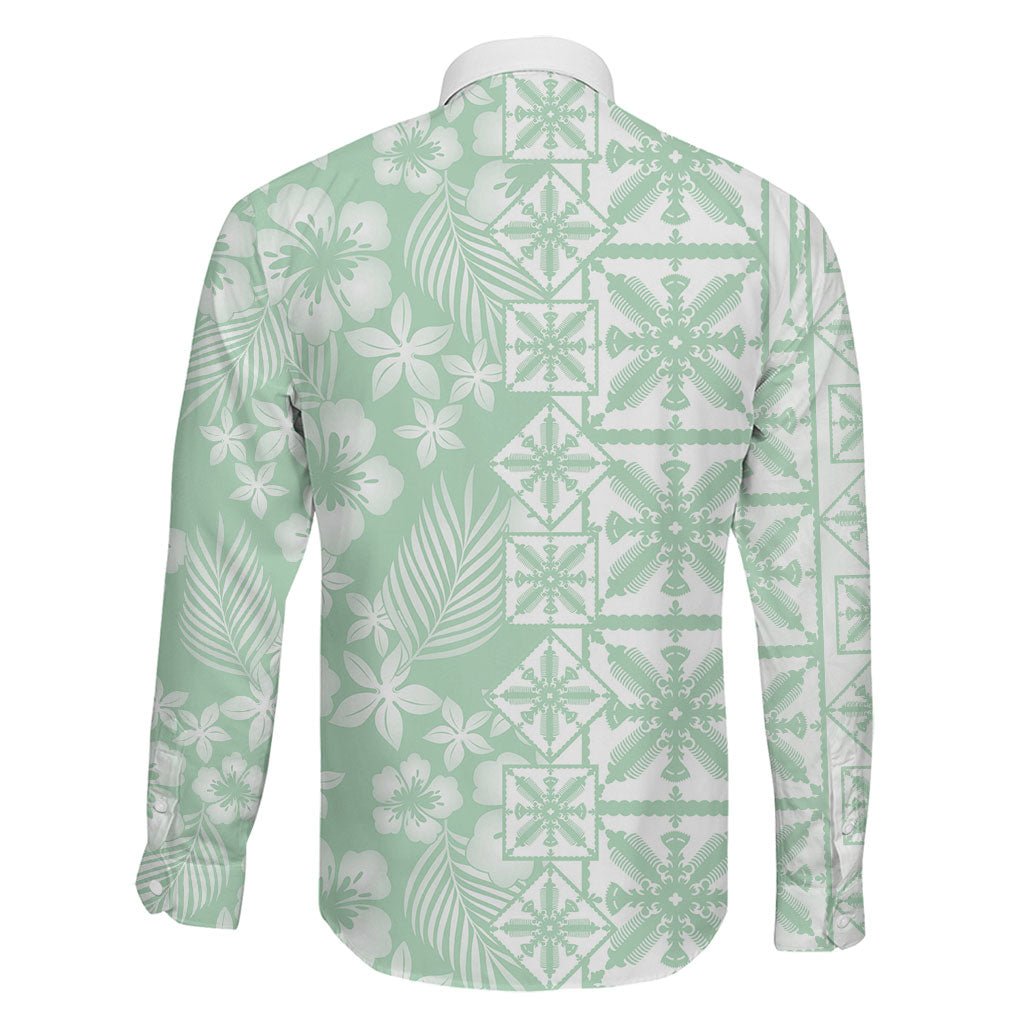 Pastel Green Kahili Quilt Hawaii Family Matching Mermaid Dress and Hawaiian Shirt Tropical Flower Seamless Half Style