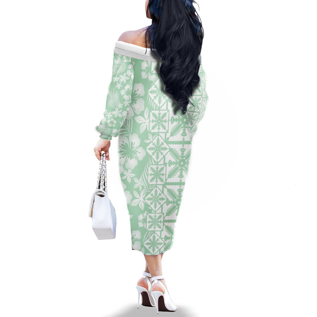 Pastel Green Kahili Quilt Hawaii Family Matching Off The Shoulder Long Sleeve Dress and Hawaiian Shirt Tropical Flower Seamless Half Style