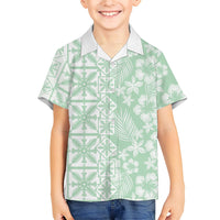 Pastel Green Kahili Quilt Hawaii Family Matching Off The Shoulder Long Sleeve Dress and Hawaiian Shirt Tropical Flower Seamless Half Style