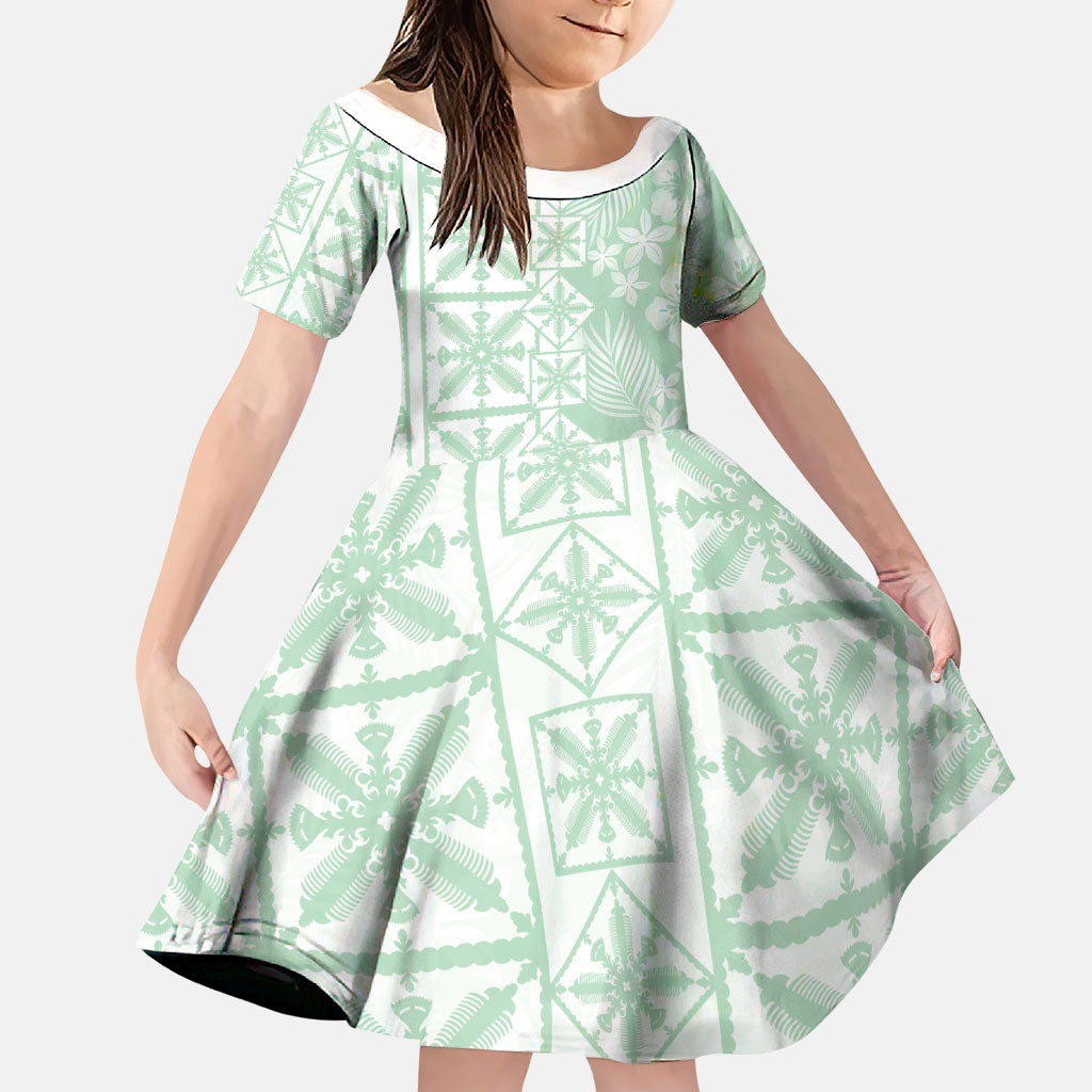 Pastel Green Kahili Quilt Hawaii Family Matching Off Shoulder Maxi Dress and Hawaiian Shirt Tropical Flower Seamless Half Style