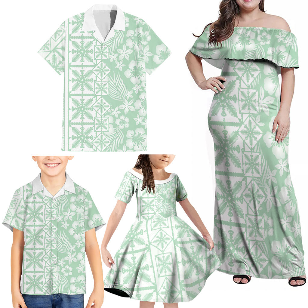 Pastel Green Kahili Quilt Hawaii Family Matching Off Shoulder Maxi Dress and Hawaiian Shirt Tropical Flower Seamless Half Style