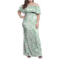 Pastel Green Kahili Quilt Hawaii Family Matching Off Shoulder Maxi Dress and Hawaiian Shirt Tropical Flower Seamless Half Style