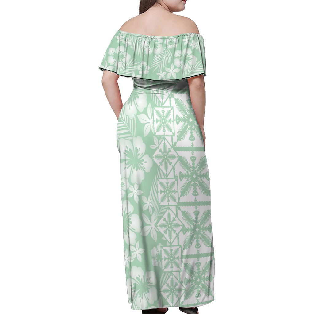 Pastel Green Kahili Quilt Hawaii Family Matching Off Shoulder Maxi Dress and Hawaiian Shirt Tropical Flower Seamless Half Style