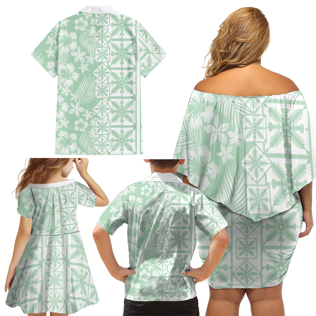Pastel Green Kahili Quilt Hawaii Family Matching Off Shoulder Short Dress and Hawaiian Shirt Tropical Flower Seamless Half Style