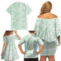 Pastel Green Kahili Quilt Hawaii Family Matching Off Shoulder Short Dress and Hawaiian Shirt Tropical Flower Seamless Half Style