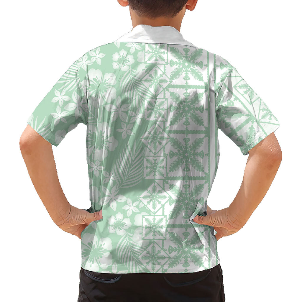 Pastel Green Kahili Quilt Hawaii Family Matching Puletasi and Hawaiian Shirt Tropical Flower Seamless Half Style