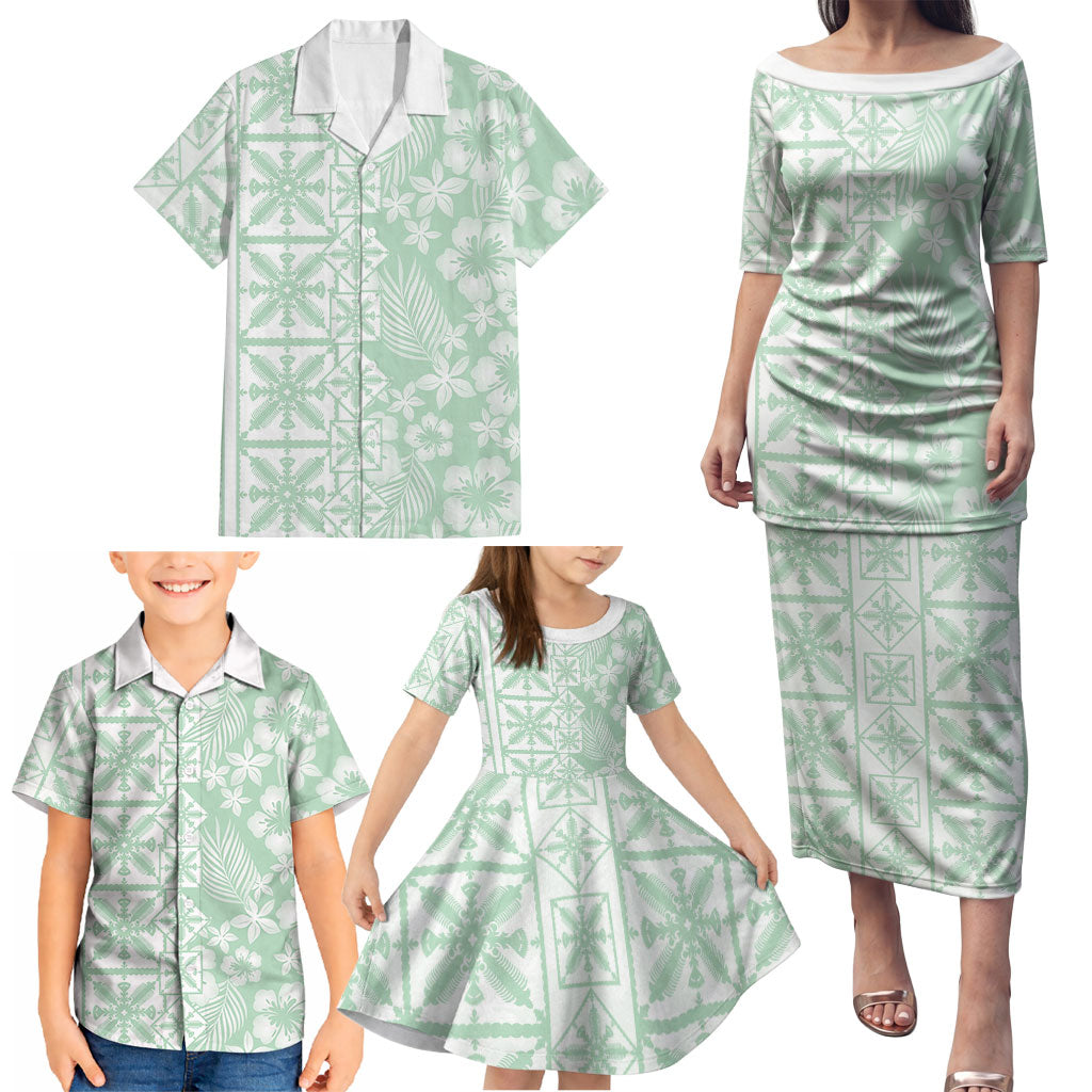 Pastel Green Kahili Quilt Hawaii Family Matching Puletasi and Hawaiian Shirt Tropical Flower Seamless Half Style LT14 - Polynesian Pride