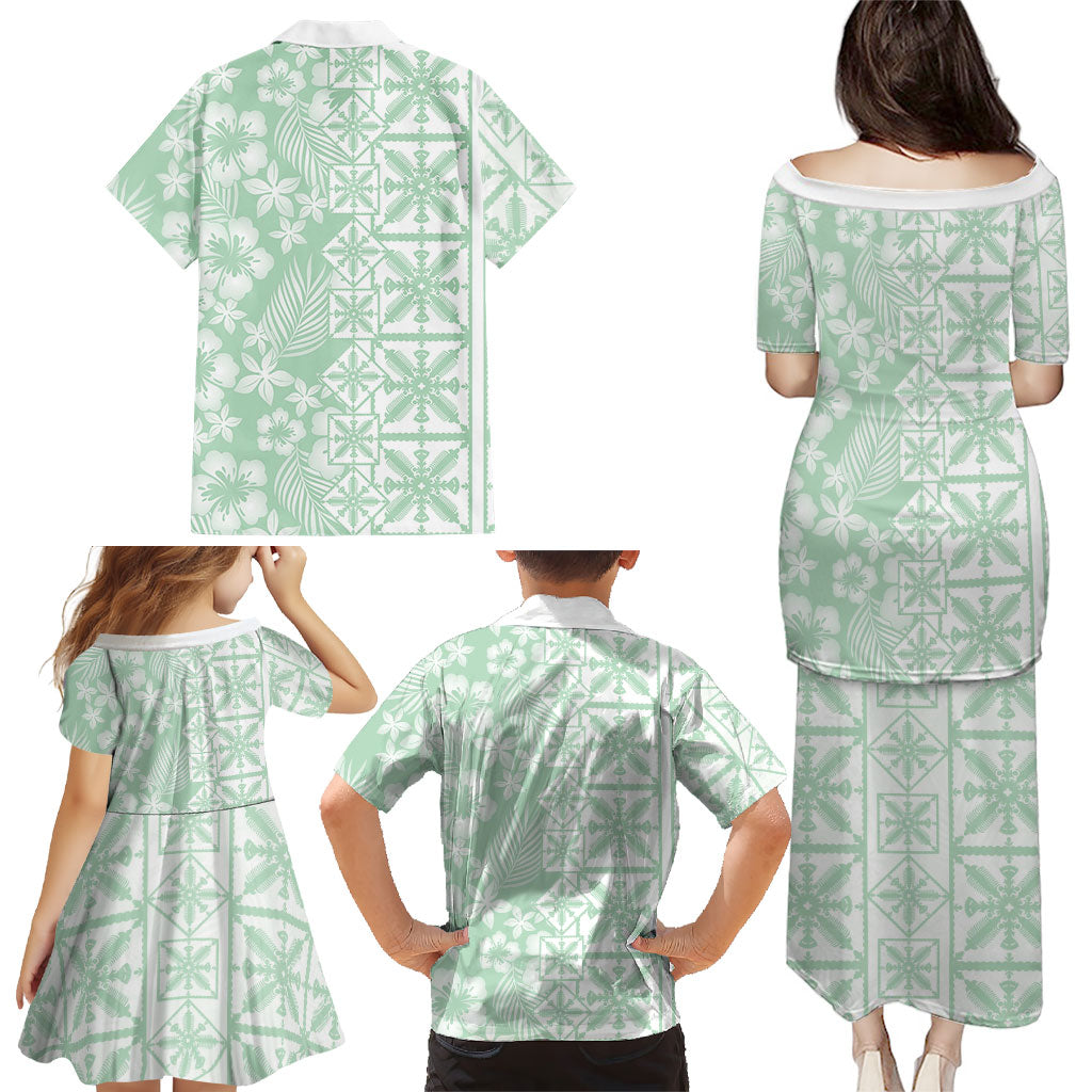 Pastel Green Kahili Quilt Hawaii Family Matching Puletasi and Hawaiian Shirt Tropical Flower Seamless Half Style