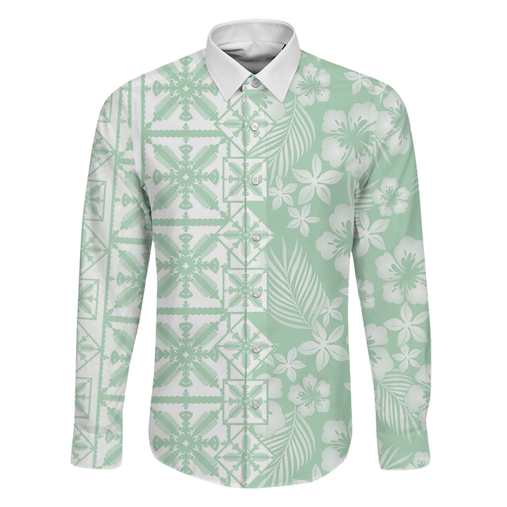 Pastel Green Kahili Quilt Hawaii Family Matching Puletasi and Hawaiian Shirt Tropical Flower Seamless Half Style