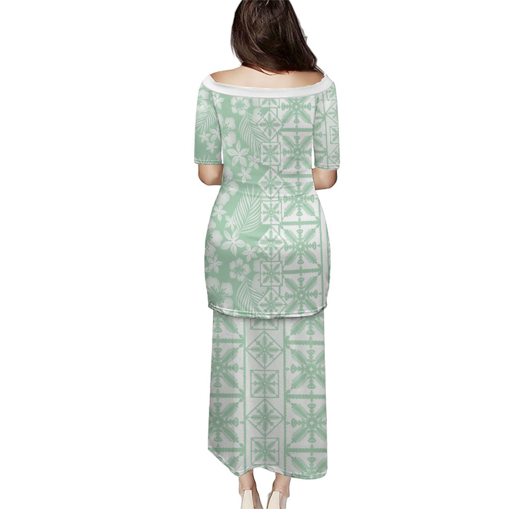 Pastel Green Kahili Quilt Hawaii Family Matching Puletasi and Hawaiian Shirt Tropical Flower Seamless Half Style