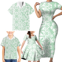 Pastel Green Kahili Quilt Hawaii Family Matching Short Sleeve Bodycon Dress and Hawaiian Shirt Tropical Flower Seamless Half Style