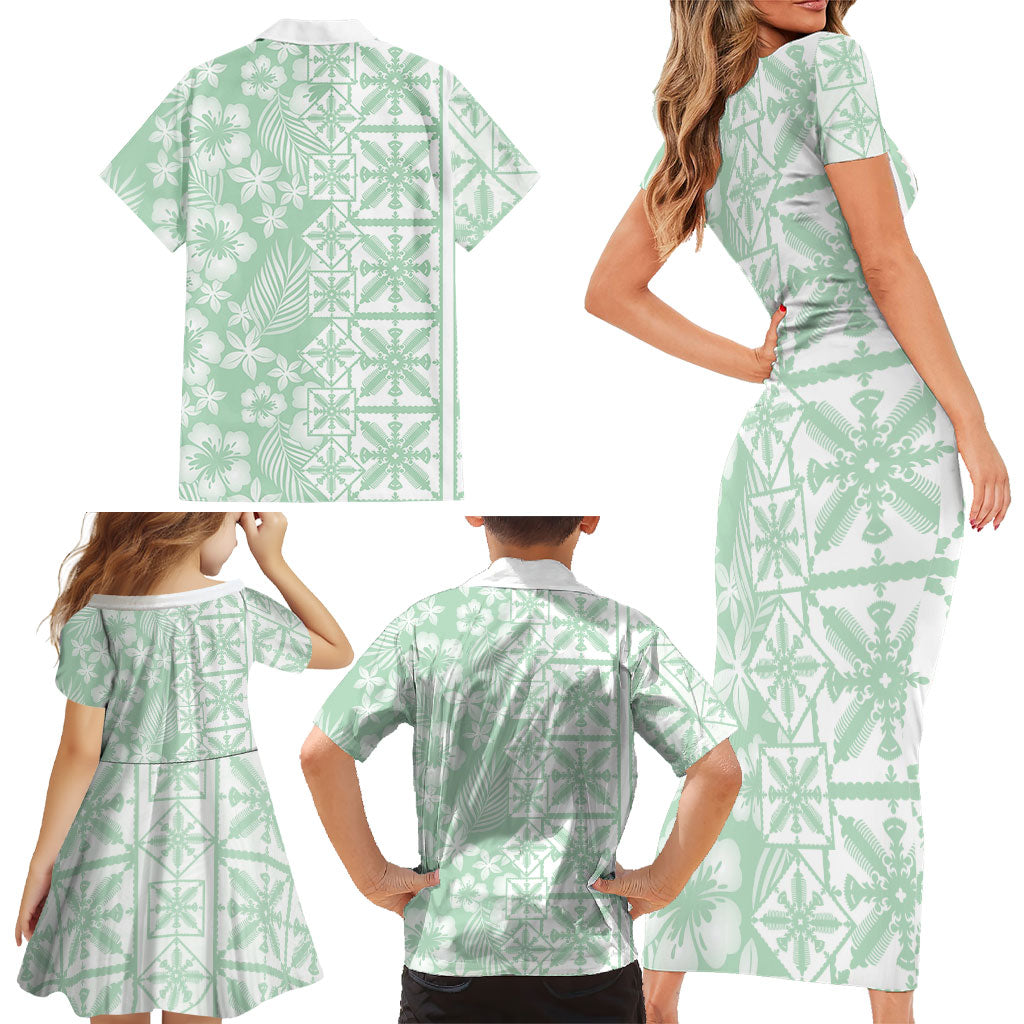 Pastel Green Kahili Quilt Hawaii Family Matching Short Sleeve Bodycon Dress and Hawaiian Shirt Tropical Flower Seamless Half Style