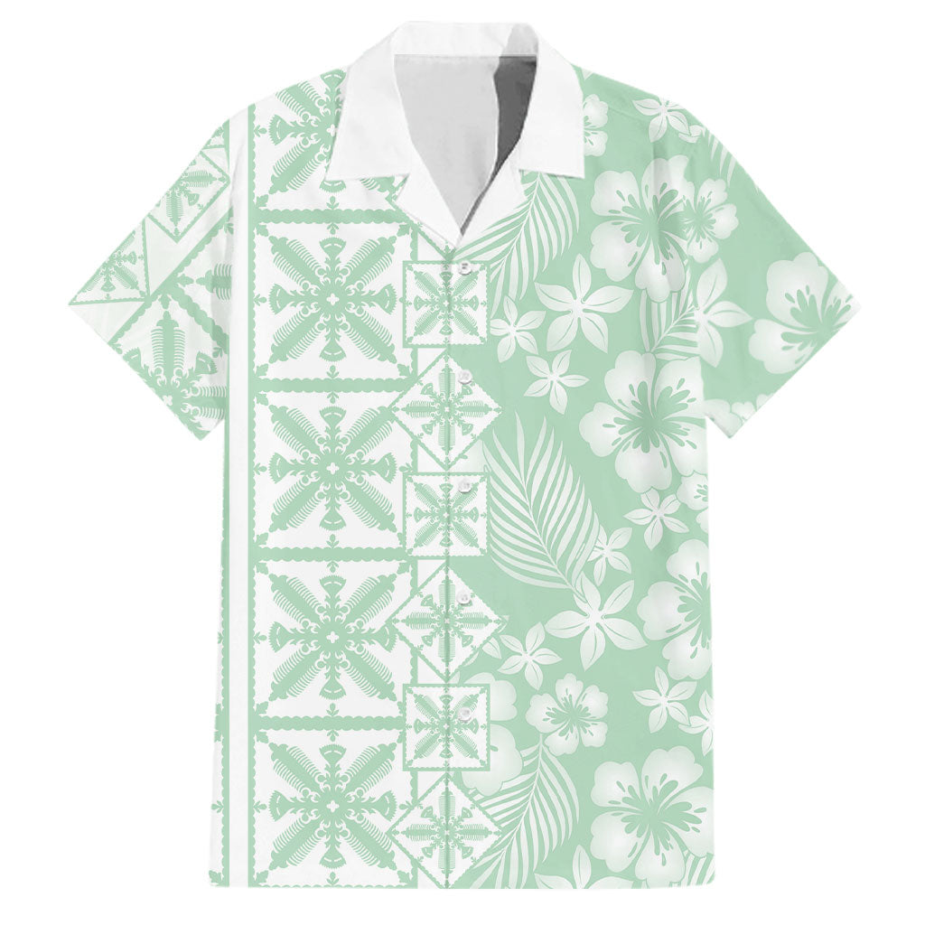 Pastel Green Kahili Quilt Hawaii Family Matching Short Sleeve Bodycon Dress and Hawaiian Shirt Tropical Flower Seamless Half Style