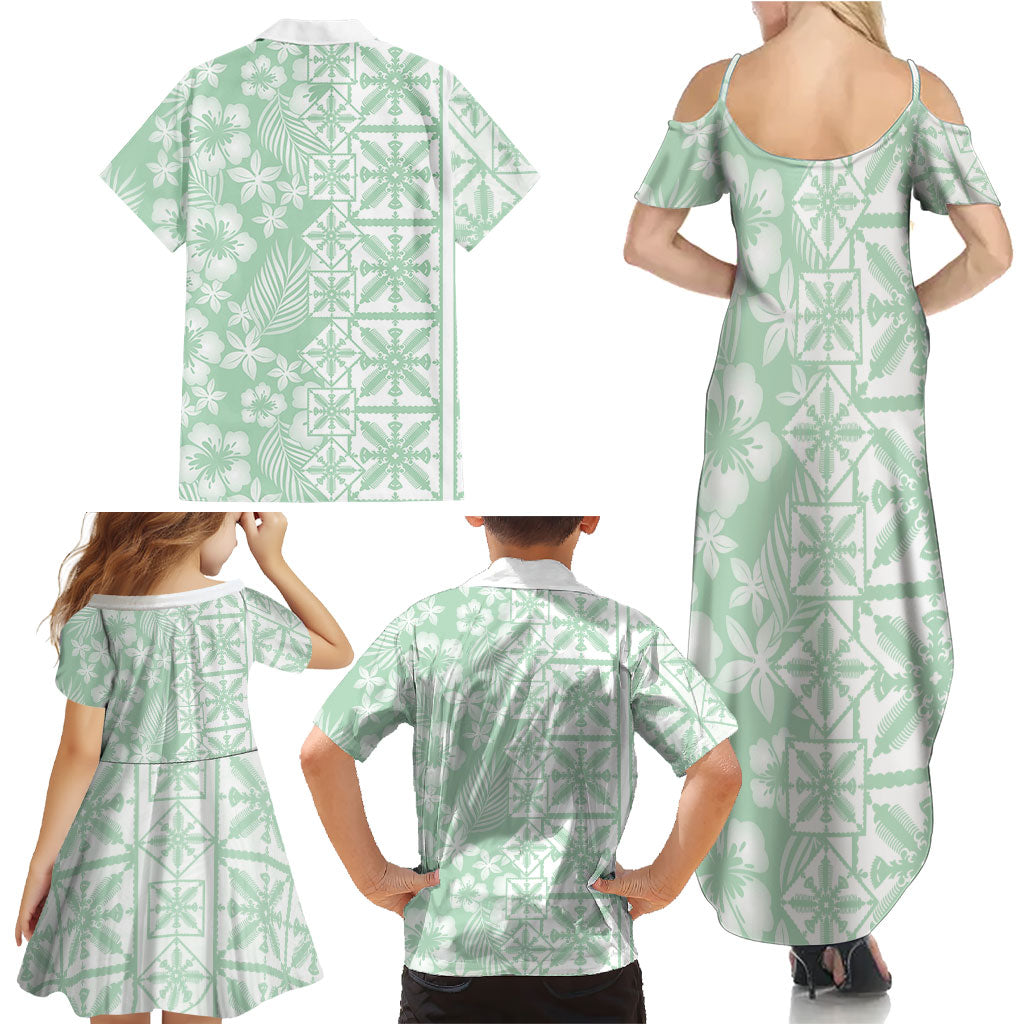 Pastel Green Kahili Quilt Hawaii Family Matching Summer Maxi Dress and Hawaiian Shirt Tropical Flower Seamless Half Style