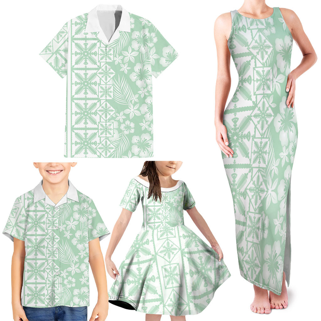 Pastel Green Kahili Quilt Hawaii Family Matching Tank Maxi Dress and Hawaiian Shirt Tropical Flower Seamless Half Style