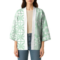 Pastel Green Kahili Quilt Hawaii Kimono Tropical Flower Seamless Half Style