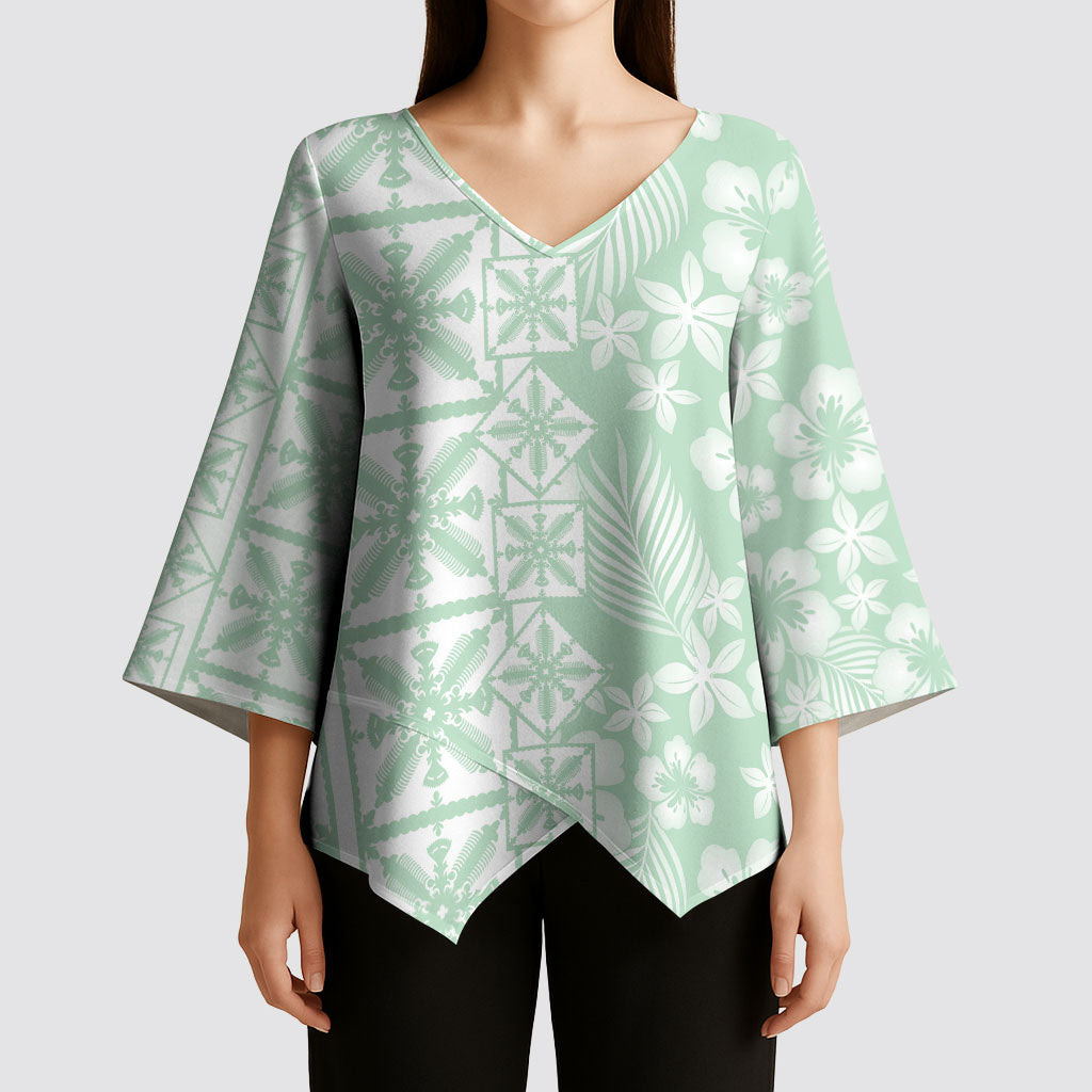 Pastel Green Kahili Quilt Hawaii Kimono Sleeve Blouse Tropical Flower Seamless Half Style