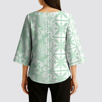 Pastel Green Kahili Quilt Hawaii Kimono Sleeve Blouse Tropical Flower Seamless Half Style