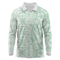 Pastel Green Kahili Quilt Hawaii Long Sleeve Polo Shirt Tropical Flower Seamless Half Style