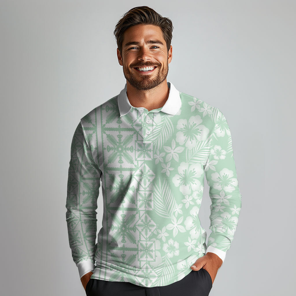 Pastel Green Kahili Quilt Hawaii Long Sleeve Polo Shirt Tropical Flower Seamless Half Style