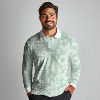 Pastel Green Kahili Quilt Hawaii Long Sleeve Polo Shirt Tropical Flower Seamless Half Style